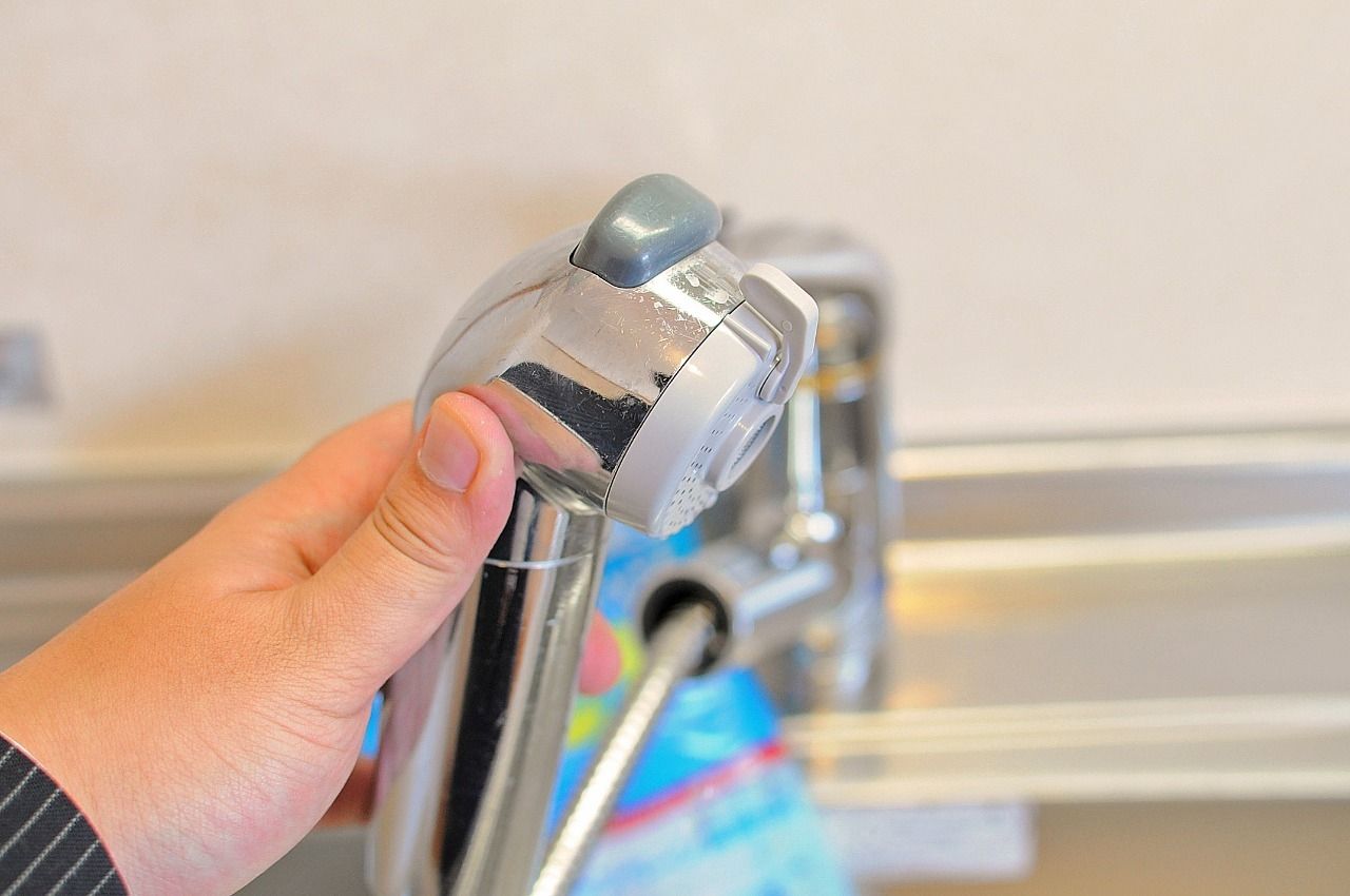 流し台の水洗は、便利なハンドシャワータイプです。別途購入が必要ですが、浄水機能も使えます。